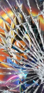 Anime character with shattered glass effect and vibrant orange background.