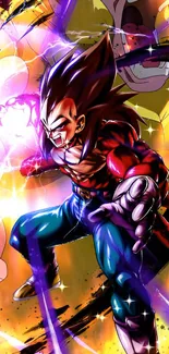 Anime character in dynamic battle scene with vibrant colors and intense energy.