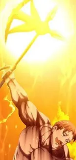 Anime warrior with fiery weapon in epic battle.
