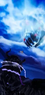 Anime battle scene with blue sky and lightning.