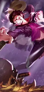 Anime character in an epic battle pose with vibrant purple hues.