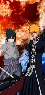 Epic anime battle scene with fire and ice.