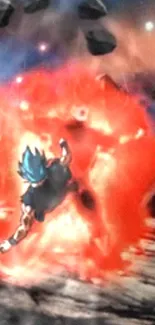 Dynamic anime battle scene with fiery energy burst and characters.