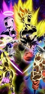 Dynamic anime battle with cosmic background and colorful aura effects.