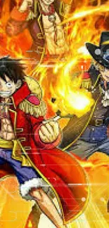 Anime characters in fiery battle wallpaper.