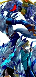 Anime scene with blue creatures and a hero in action.