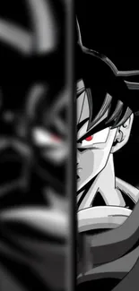 Dramatic anime character in black and white with red eyes, split design.