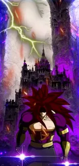 Epic anime character before a gothic castle with vivid purple hues and stormy sky.