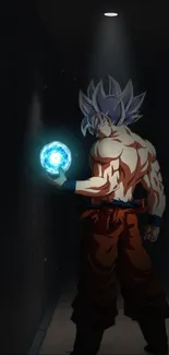 Anime character powering up in a dark corridor with glowing energy.