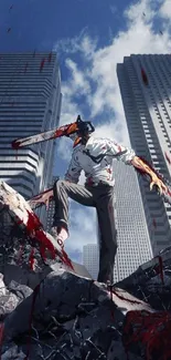 Anime character in urban cityscape with skyscrapers and dynamic action.