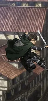 Anime character leaps with sword amidst historic buildings.