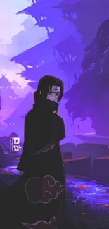 Anime character in purple landscape with mysterious vibes.