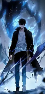 Anime hero standing in a blue aura with shadowy figure background, mobile wallpaper.