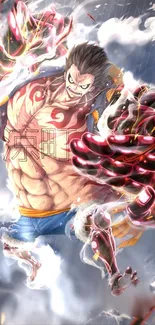 Anime character with swirling clouds and energy bursts in vibrant colors.