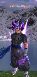 Anime character with purple aura by mountain lake.