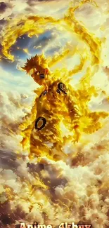 Anime character in golden aura floating in clouds.