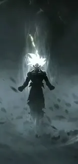 Silhouette of an anime character with white hair in a dark setting.