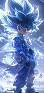 Dynamic anime character in vibrant blue energy pose.