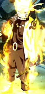 Anime character with glowing flames in dynamic stance.