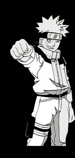 Black and white anime character poses confidently on a dark background.