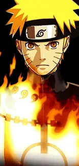 Anime character surrounded by flames with a fierce expression.