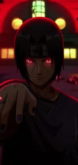 Shadowy anime character with glowing red eyes and background.