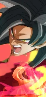 Vibrant anime character in action scene on fiery background.