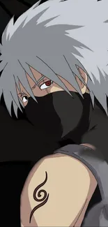 Anime character with red eyes and mask in dark setting.