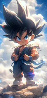 Epic anime character surrounded by clouds and vibrant blue sky.