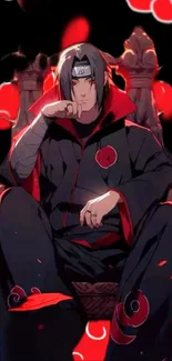 Anime character sitting on throne with red background.