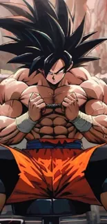 Anime hero with muscular build and orange shorts.