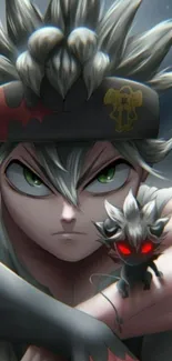 Anime character with green eyes and red-eyed companion in a gray-themed wallpaper.