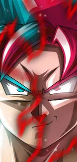 Epic anime character with red aura and dynamic background.