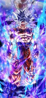 Anime character with vibrant blue energy aura in space setting.