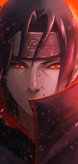 Anime character with intense red hues and dark background.