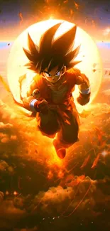 Epic anime character flying through an orange, fiery cosmic background.