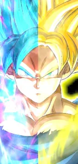 Anime character with dual power aura in blue and gold hues on mobile wallpaper.