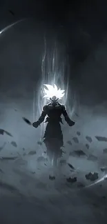 Anime character in action with glowing hair in dark mist.