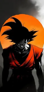 Epic anime character silhouetted against a vibrant orange background.