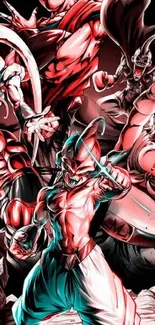 Anime characters in an epic battle scene with vibrant red tones.