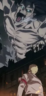 Epic anime scene with giant over cityscape.