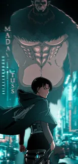 Anime character and colossal figure in neon cityscape.