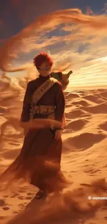 Anime character stands in a swirling desert scene.