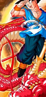 Anime character with a red dragon in vibrant colors.
