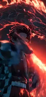 Anime warrior poses with fiery dragon.