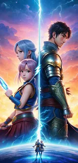 Anime duo with lightning in a colorful sunset scene for mobile wallpaper.