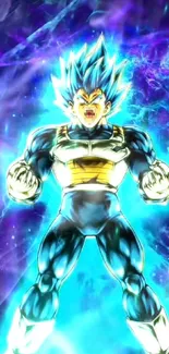 Anime character with electric aura in blue and purple background.