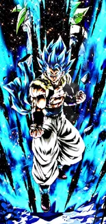 Anime character with blue energy burst on a vibrant background.