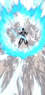 Epic anime character with blue energy aura in action-packed wallpaper.