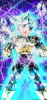 Anime character with vivid energy aura and cracked glass effect.